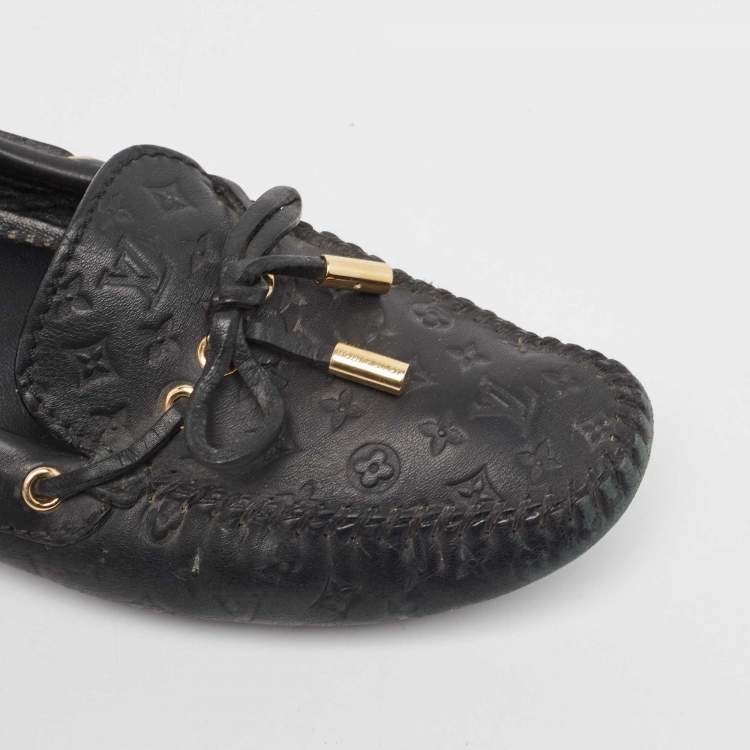 Pre Owned Louis Vuitton Black Monogram Empreinte Leather Gloria Loafers Size 38