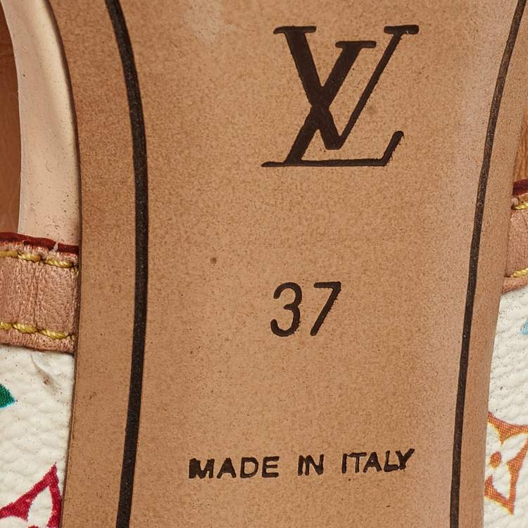 Pre Owned Louis Vuitton White/Brown Monogram Canvas and Leather Slides Size 37    