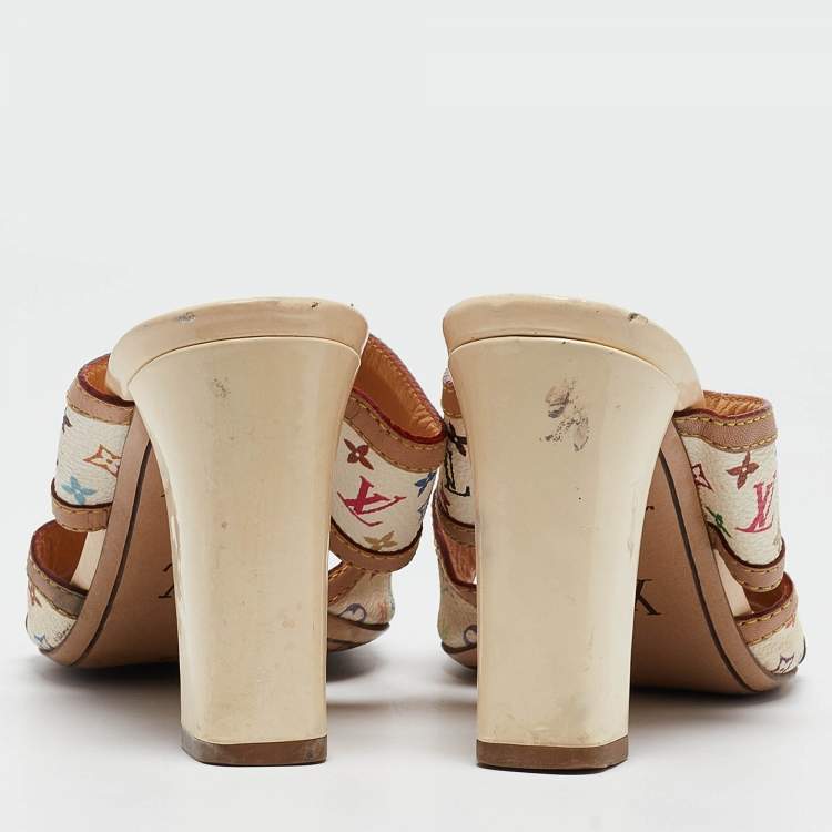 Pre Owned Louis Vuitton White/Brown Monogram Canvas and Leather Slides Size 37    