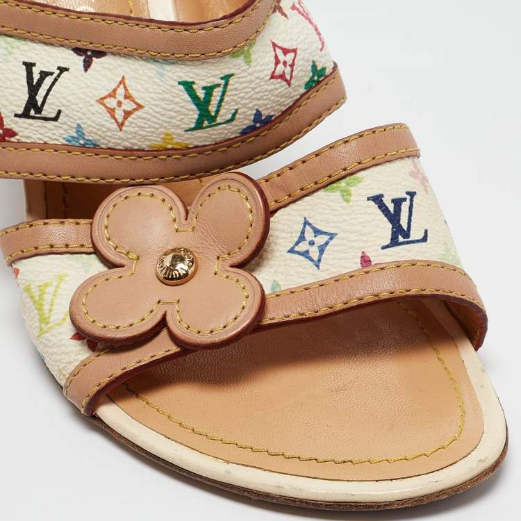 Pre Owned Louis Vuitton White/Brown Monogram Canvas and Leather Slides Size 37    