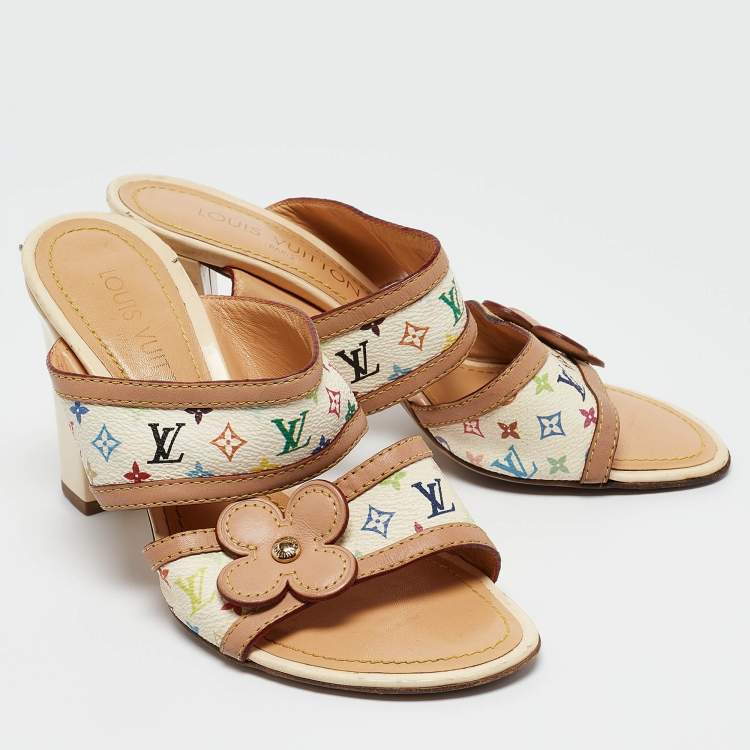 Pre Owned Louis Vuitton White/Brown Monogram Canvas and Leather Slides Size 37    