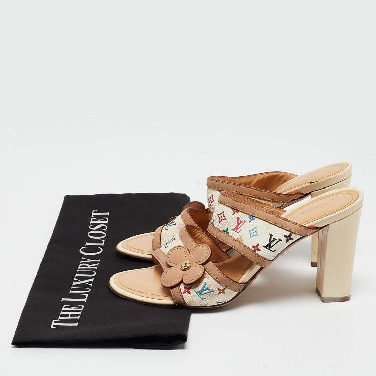 Pre Owned Louis Vuitton White/Brown Monogram Canvas and Leather Slides Size 37    