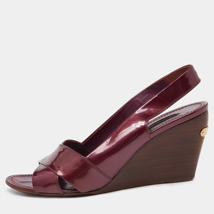 Pre Owned Louis Vuitton Burgundy Patent Leather Wedge Slingback Sandals Size 40