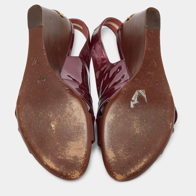 Pre Owned Louis Vuitton Burgundy Patent Leather Wedge Slingback Sandals Size 40