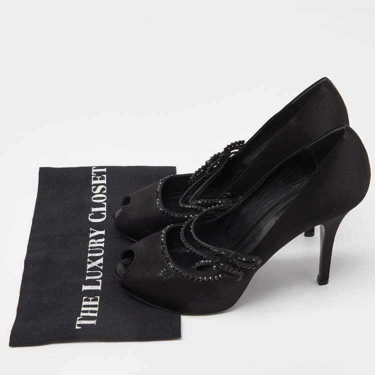 Pre Owned Louis Vuitton Black Satin Embellished Peep Toe Pumps Size 40