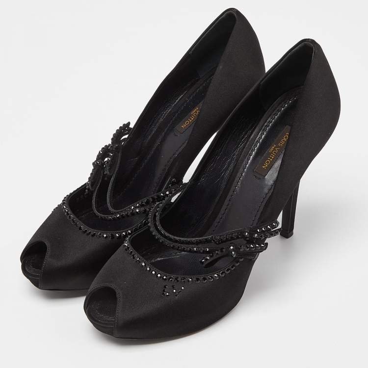 Pre Owned Louis Vuitton Black Satin Embellished Peep Toe Pumps Size 40