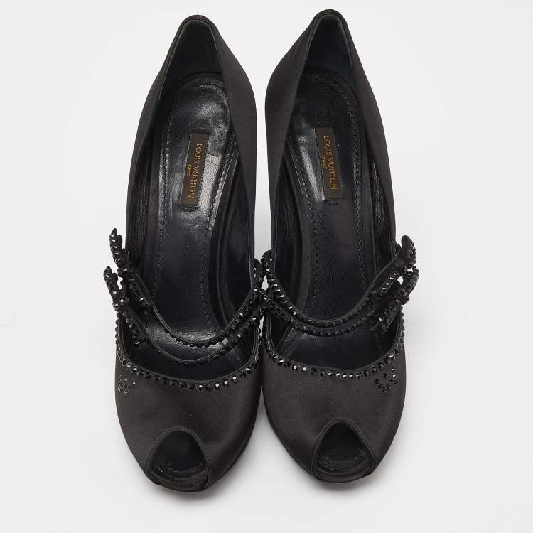 Pre Owned Louis Vuitton Black Satin Embellished Peep Toe Pumps Size 40