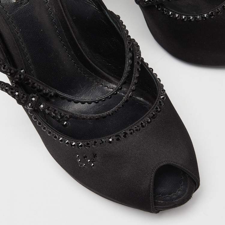 Pre Owned Louis Vuitton Black Satin Embellished Peep Toe Pumps Size 40
