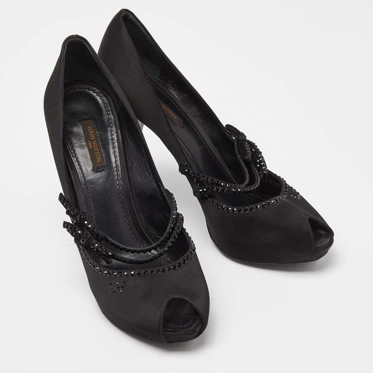 Pre Owned Louis Vuitton Black Satin Embellished Peep Toe Pumps Size 40