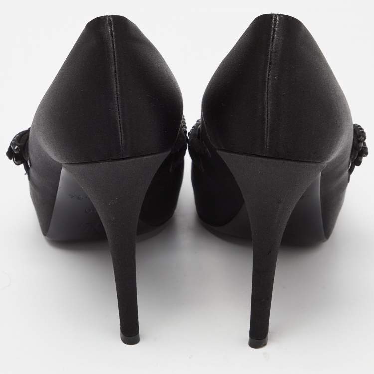 Pre Owned Louis Vuitton Black Satin Embellished Peep Toe Pumps Size 40