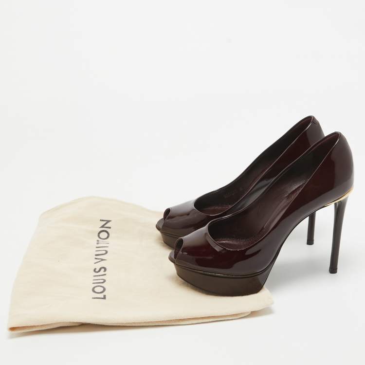 Pre Owned Louis Vuitton Burgundy Patent Leather Eyeline Peep Toe Pumps Size 34