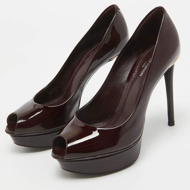 Pre Owned Louis Vuitton Burgundy Patent Leather Eyeline Peep Toe Pumps Size 34