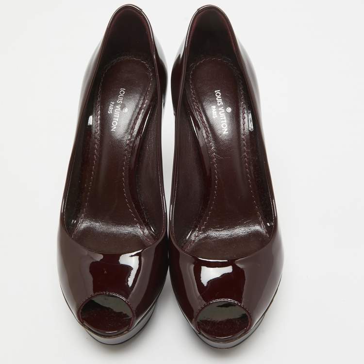 Pre Owned Louis Vuitton Burgundy Patent Leather Eyeline Peep Toe Pumps Size 34