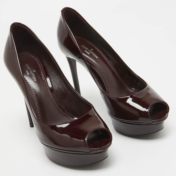 Pre Owned Louis Vuitton Burgundy Patent Leather Eyeline Peep Toe Pumps Size 34
