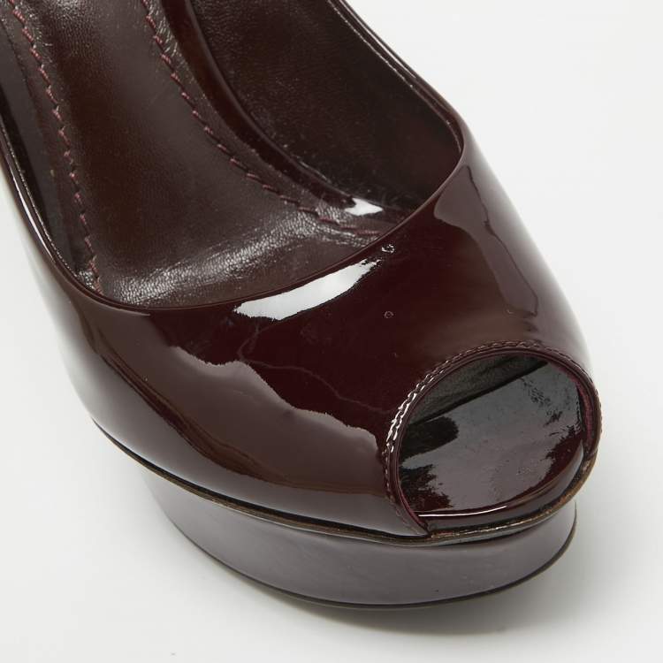 Pre Owned Louis Vuitton Burgundy Patent Leather Eyeline Peep Toe Pumps Size 34