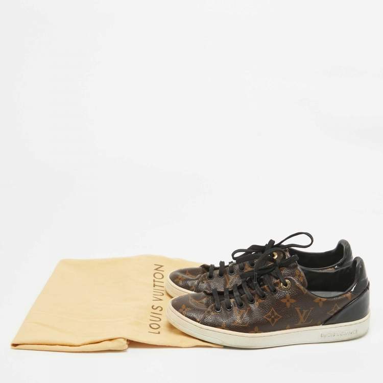 Pre Owned Louis Vuitton Brown/Black Monogram Canvas and Patent Frontrow Sneakers Size 37.5