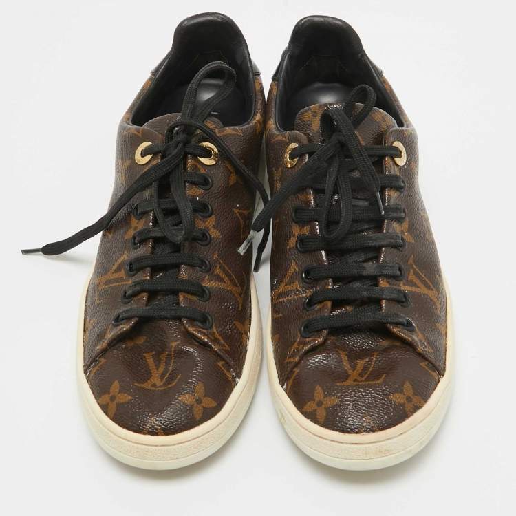 Pre Owned Louis Vuitton Brown/Black Monogram Canvas and Patent Frontrow Sneakers Size 37.5