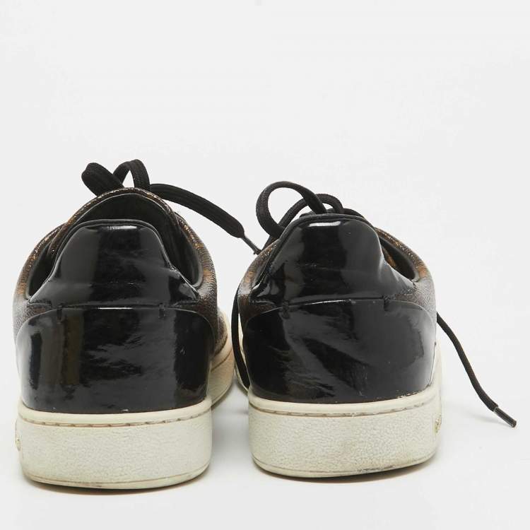 Pre Owned Louis Vuitton Brown/Black Monogram Canvas and Patent Frontrow Sneakers Size 37.5