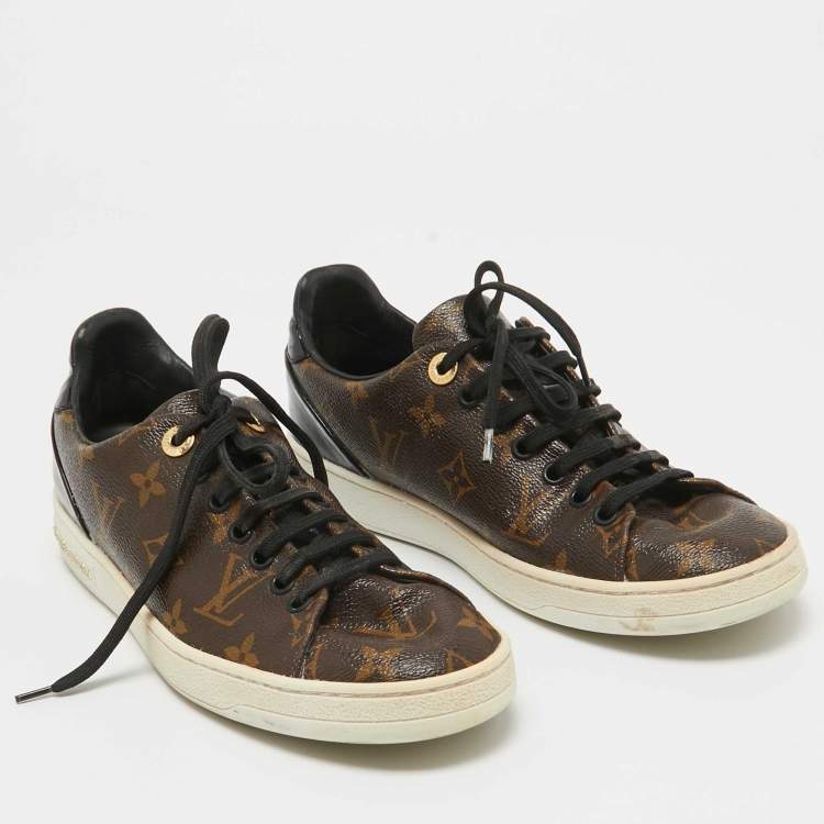 Pre Owned Louis Vuitton Brown/Black Monogram Canvas and Patent Frontrow Sneakers Size 37.5