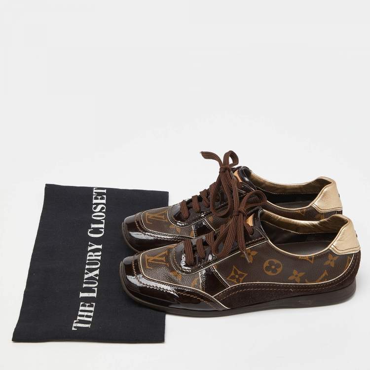 مملوكة مسبقًا Louis Vuitton Brown Patent Leather and Monogram Canvas Low Top Sneakers Size 37.5