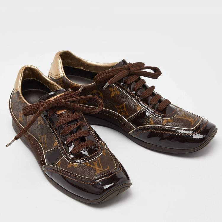 مملوكة مسبقًا Louis Vuitton Brown Patent Leather and Monogram Canvas Low Top Sneakers Size 37.5