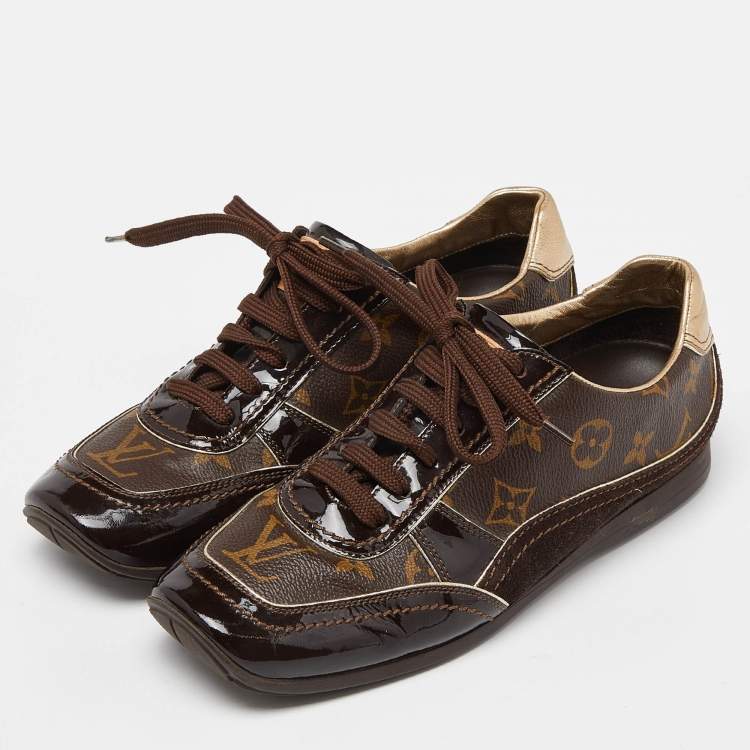 مملوكة مسبقًا Louis Vuitton Brown Patent Leather and Monogram Canvas Low Top Sneakers Size 37.5