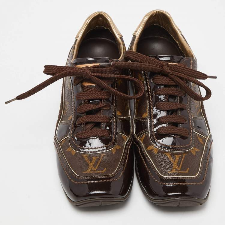 مملوكة مسبقًا Louis Vuitton Brown Patent Leather and Monogram Canvas Low Top Sneakers Size 37.5