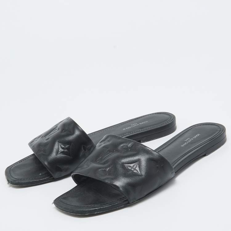 Pre Owned Louis Vuitton Black Embossed Leather Revival Flat Slides Size 38