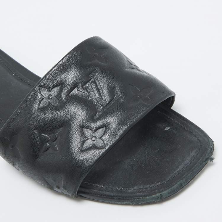 Pre Owned Louis Vuitton Black Embossed Leather Revival Flat Slides Size 38