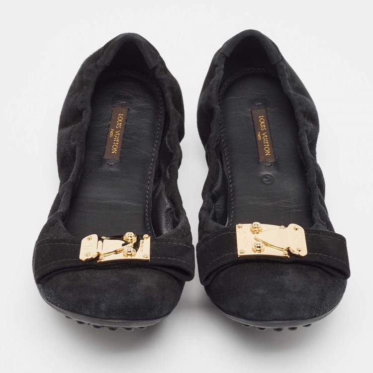 Pre Owned Louis Vuitton Black Suede Bow Scrunch Ballet Flats Size 39.5