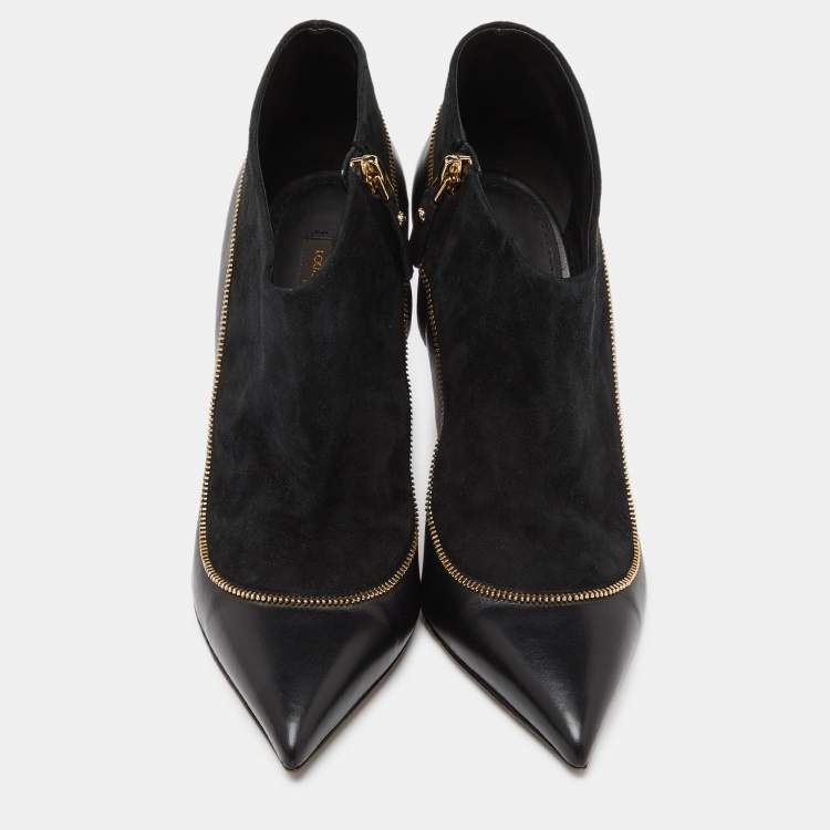 Pre Owned Louis Vuitton Black Suede and Leather Zip Detail Ankle Booties Size 38.5