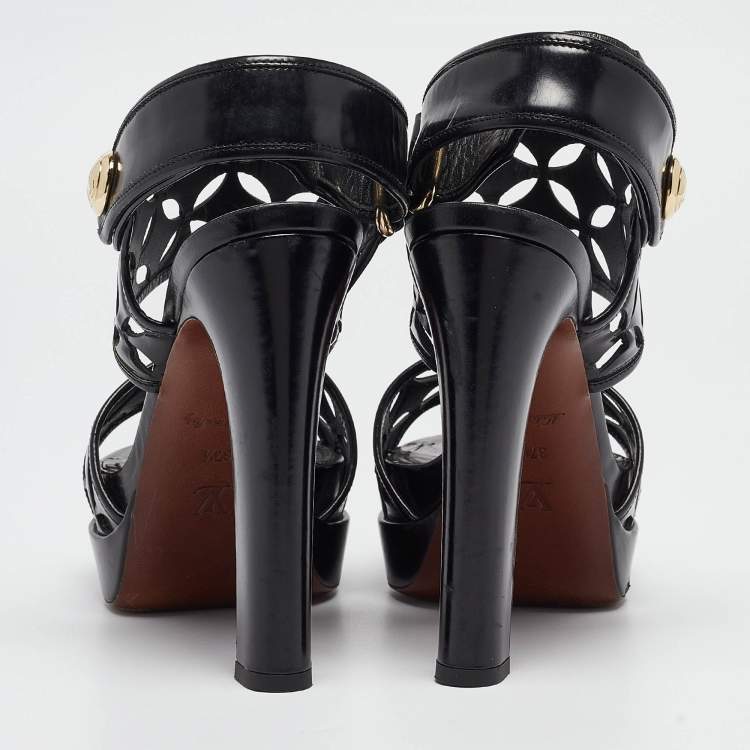 Pre Owned Louis Vuitton Black Leather Laser Cut Platform Slingback Sandals Size 37.5