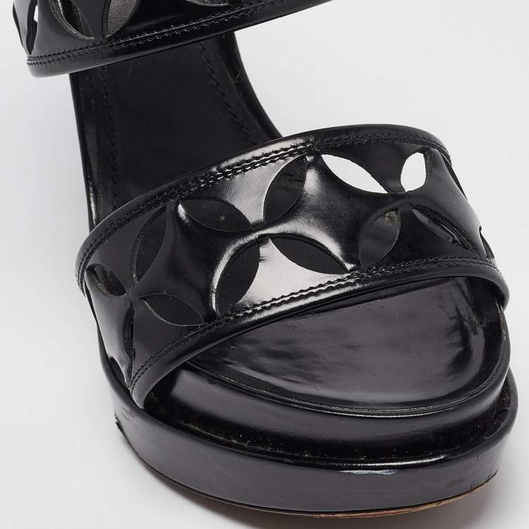 Pre Owned Louis Vuitton Black Leather Laser Cut Platform Slingback Sandals Size 37.5