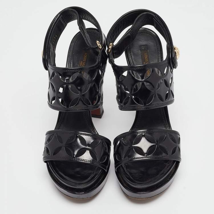 Pre Owned Louis Vuitton Black Leather Laser Cut Platform Slingback Sandals Size 37.5