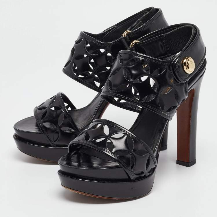Pre Owned Louis Vuitton Black Leather Laser Cut Platform Slingback Sandals Size 37.5