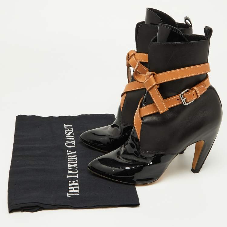 Pre Owned Louis Vuitton Black/Tan Leather and Patent Ankle Booties Size 37