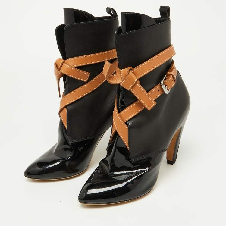 Pre Owned Louis Vuitton Black/Tan Leather and Patent Ankle Booties Size 37