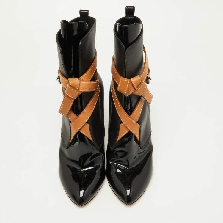 Pre Owned Louis Vuitton Black/Tan Leather and Patent Ankle Booties Size 37