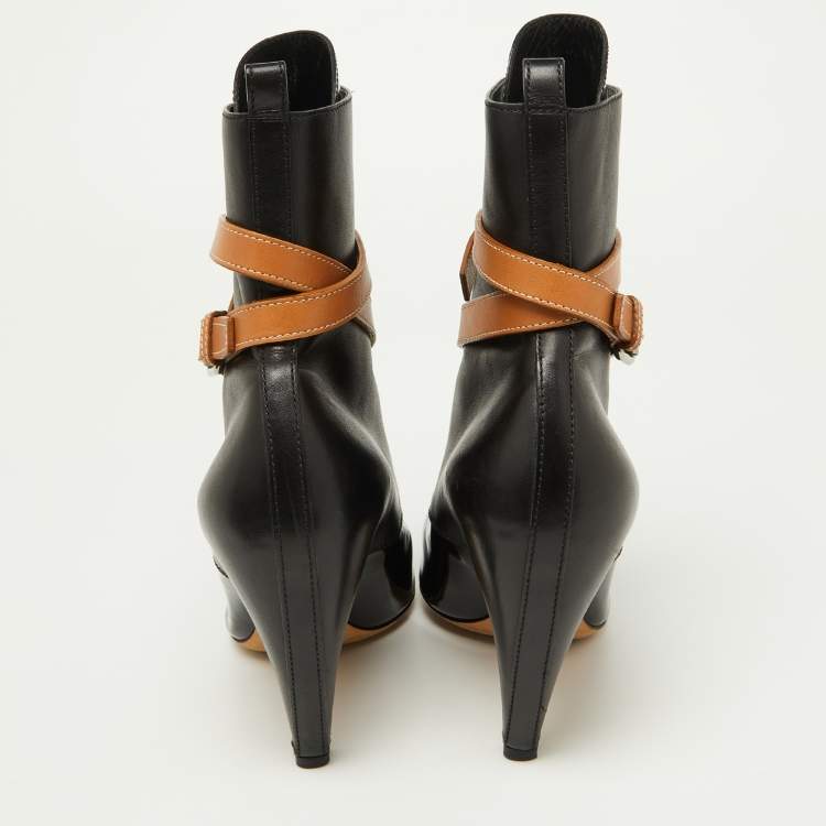 Pre Owned Louis Vuitton Black/Tan Leather and Patent Ankle Booties Size 37