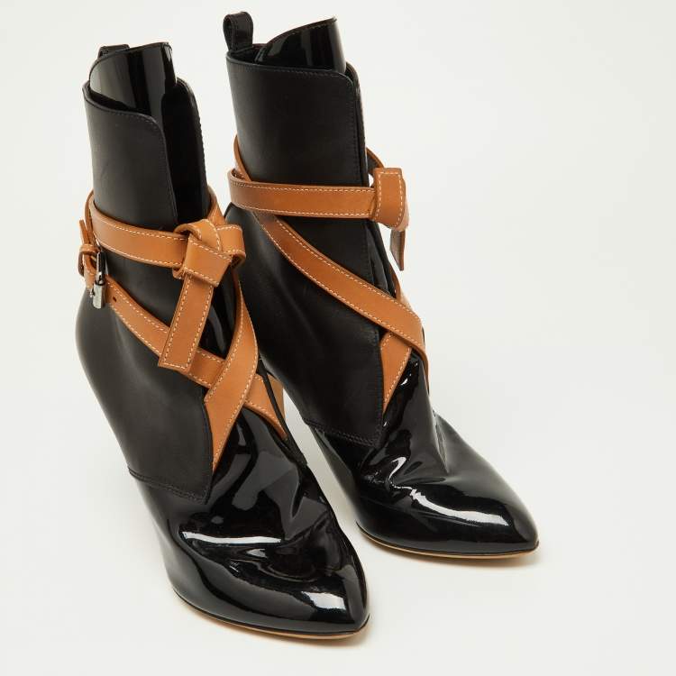 Pre Owned Louis Vuitton Black/Tan Leather and Patent Ankle Booties Size 37