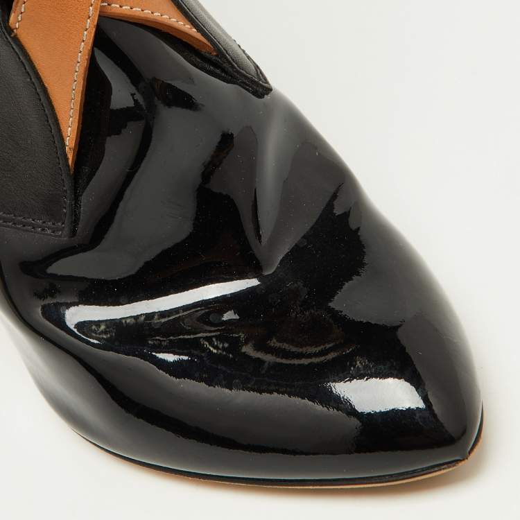 Pre Owned Louis Vuitton Black/Tan Leather and Patent Ankle Booties Size 37
