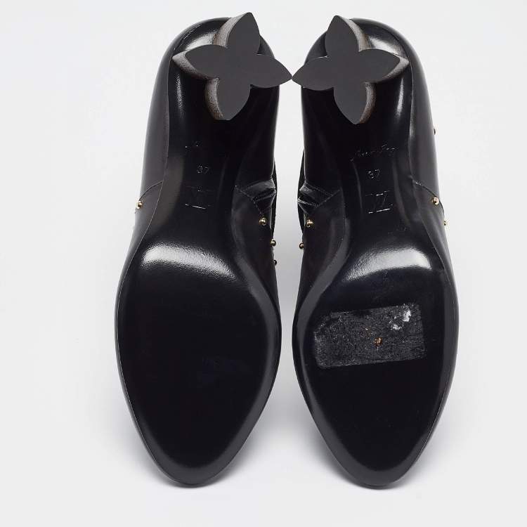 Pre Owned Louis Vuitton Black/Brown Leather and Monogram Canvas Studded Ankle Booties Size 37