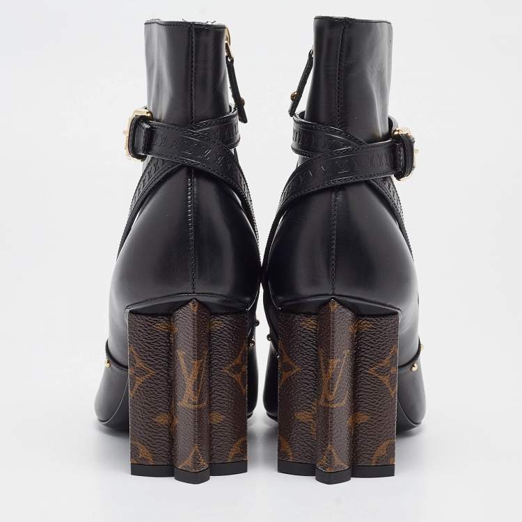 Pre Owned Louis Vuitton Black/Brown Leather and Monogram Canvas Studded Ankle Booties Size 37