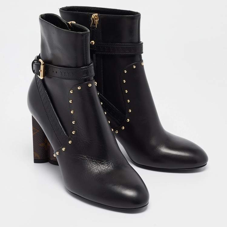 Pre Owned Louis Vuitton Black/Brown Leather and Monogram Canvas Studded Ankle Booties Size 37