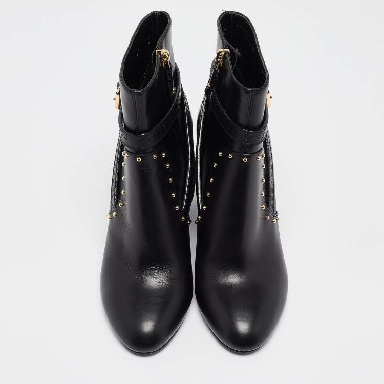 Pre Owned Louis Vuitton Black/Brown Leather and Monogram Canvas Studded Ankle Booties Size 37