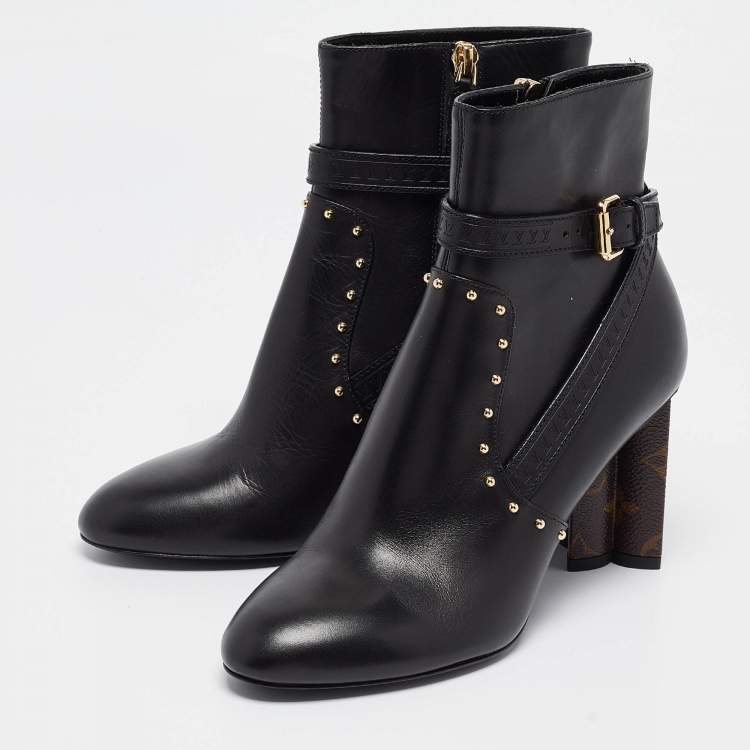 Pre Owned Louis Vuitton Black/Brown Leather and Monogram Canvas Studded Ankle Booties Size 37