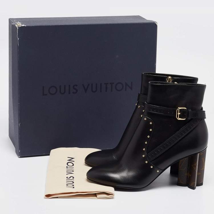 Pre Owned Louis Vuitton Black/Brown Leather and Monogram Canvas Studded Ankle Booties Size 37