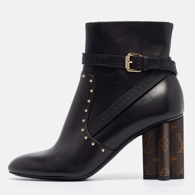Pre Owned Louis Vuitton Black/Brown Leather and Monogram Canvas Studded Ankle Booties Size 37
