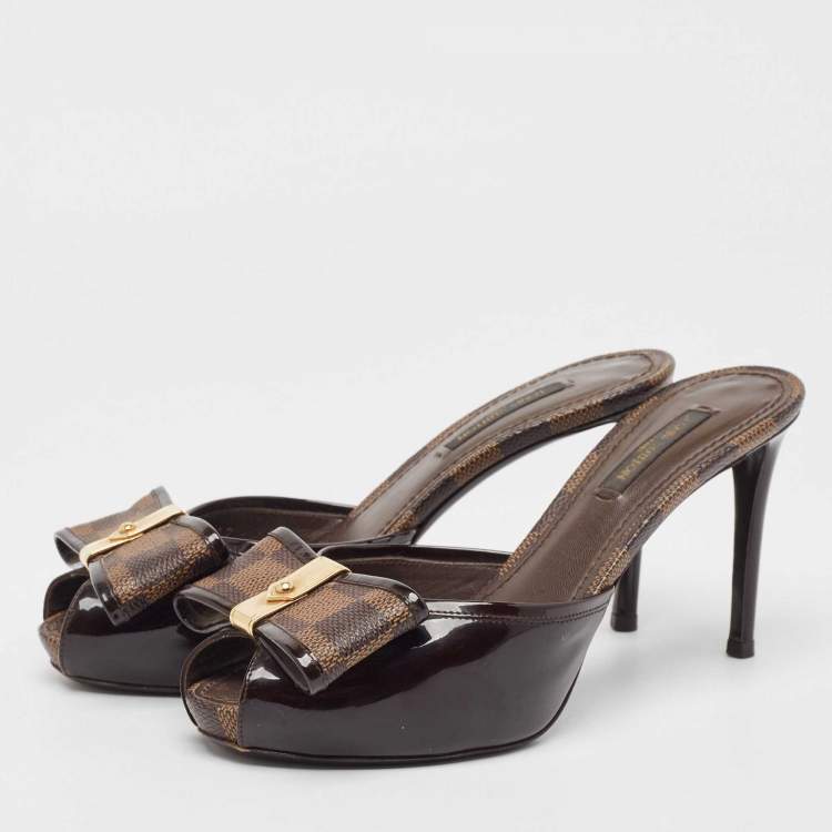 Pre Owned Louis Vuitton Brown Patent Leather and Damier Ebene Bow Slide Sandals Size 36