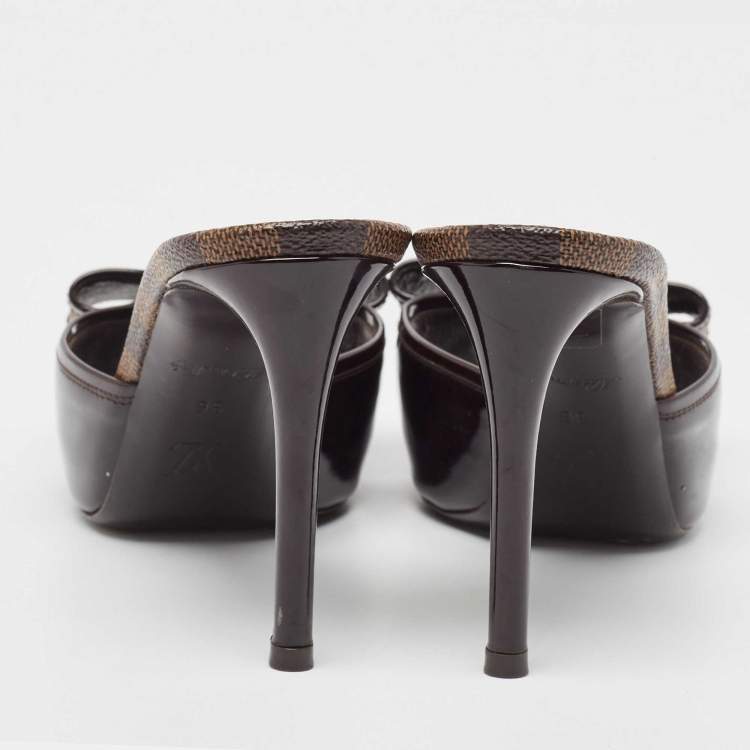 Pre Owned Louis Vuitton Brown Patent Leather and Damier Ebene Bow Slide Sandals Size 36